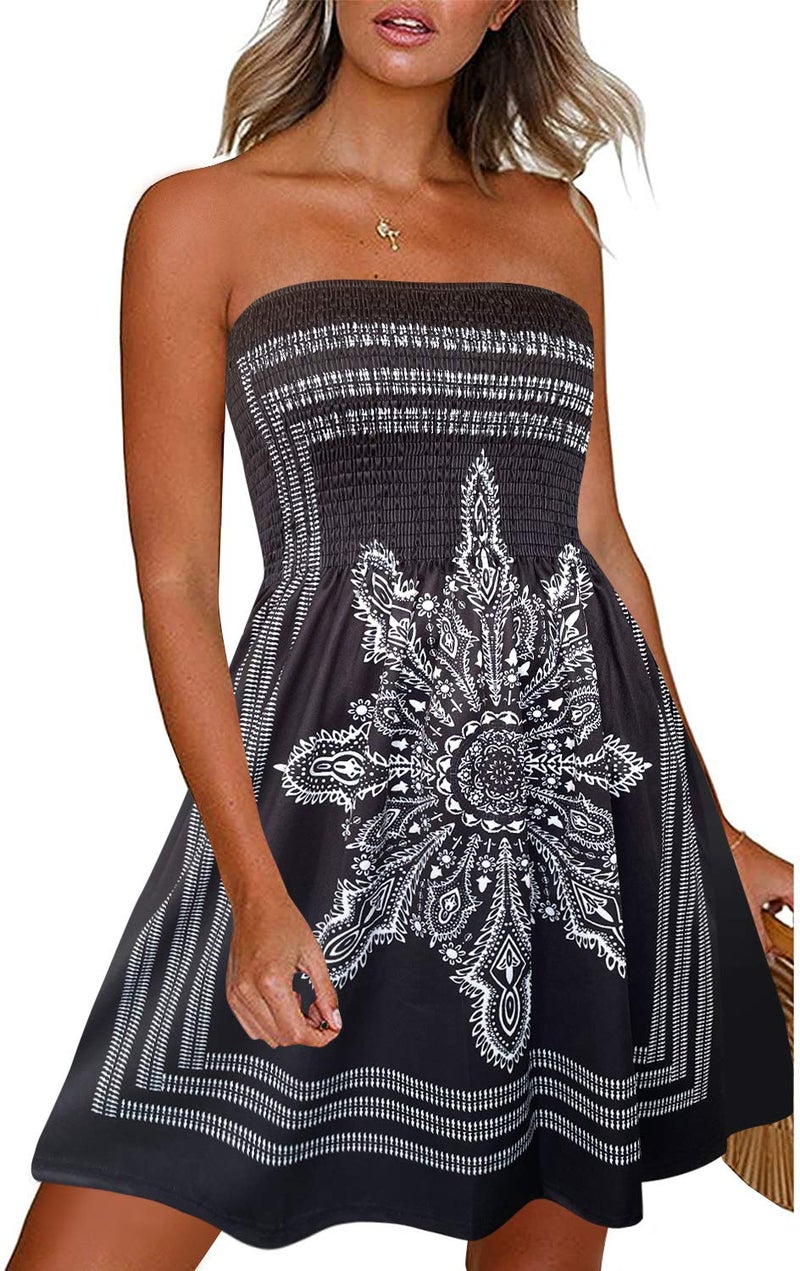 CHICGAL Women's Beach Dresses Summer Cover Up Boho Strapless Floral Print Sundress (Black,2XL) - Image 1